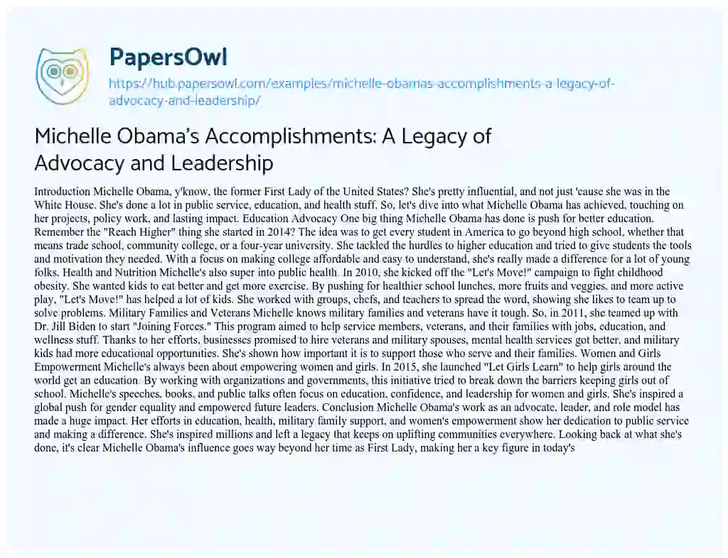 Essay on Michelle Obama’s Accomplishments: A Legacy of Advocacy and Leadership