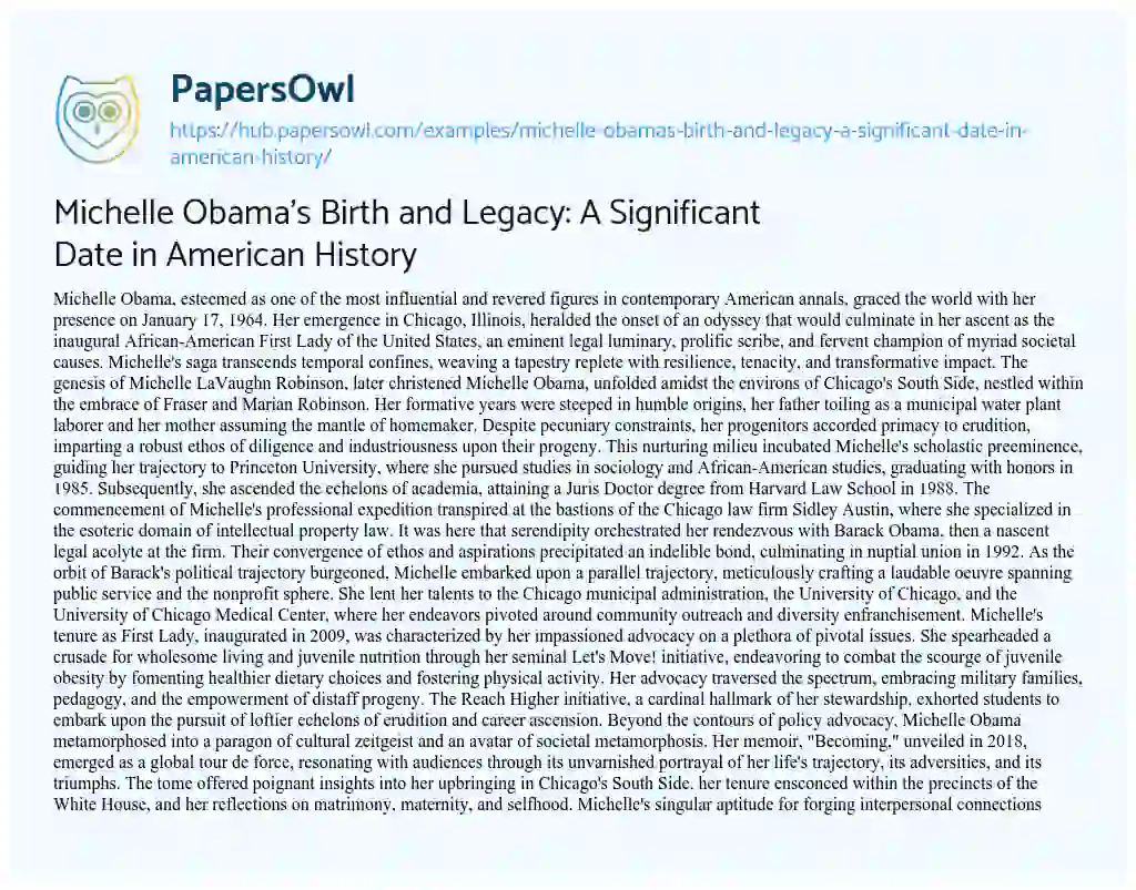 Essay on Michelle Obama’s Birth and Legacy: A Significant Date in American History