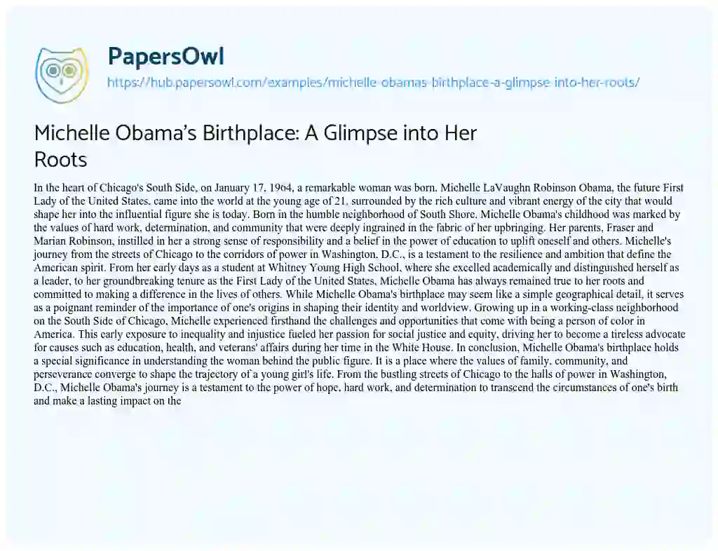 Essay on Michelle Obama’s Birthplace: A Glimpse into Her Roots