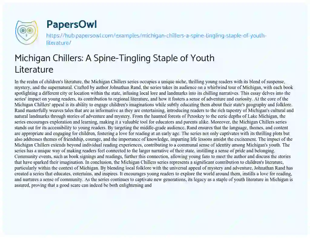 Essay on Michigan Chillers: A Spine-Tingling Staple of Youth Literature