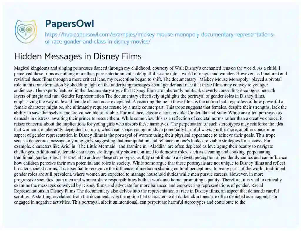 Essay on Hidden Messages in Disney Films