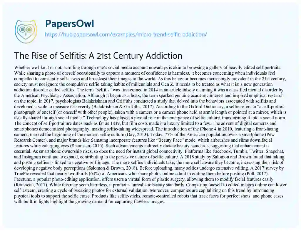 Essay on The Rise of Selfitis: A 21st Century Addiction