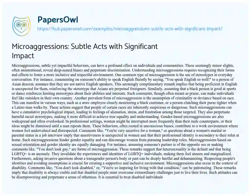 Essay on Microaggressions: Subtle Acts with Significant Impact