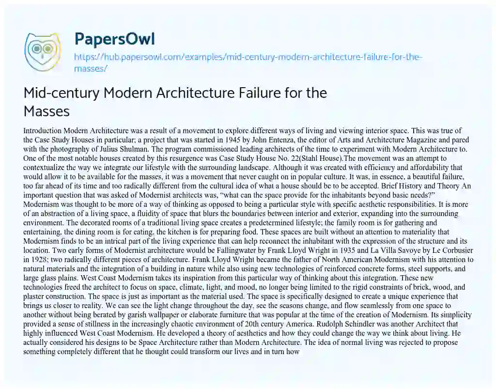 Essay on Mid-century Modern Architecture Failure for the Masses