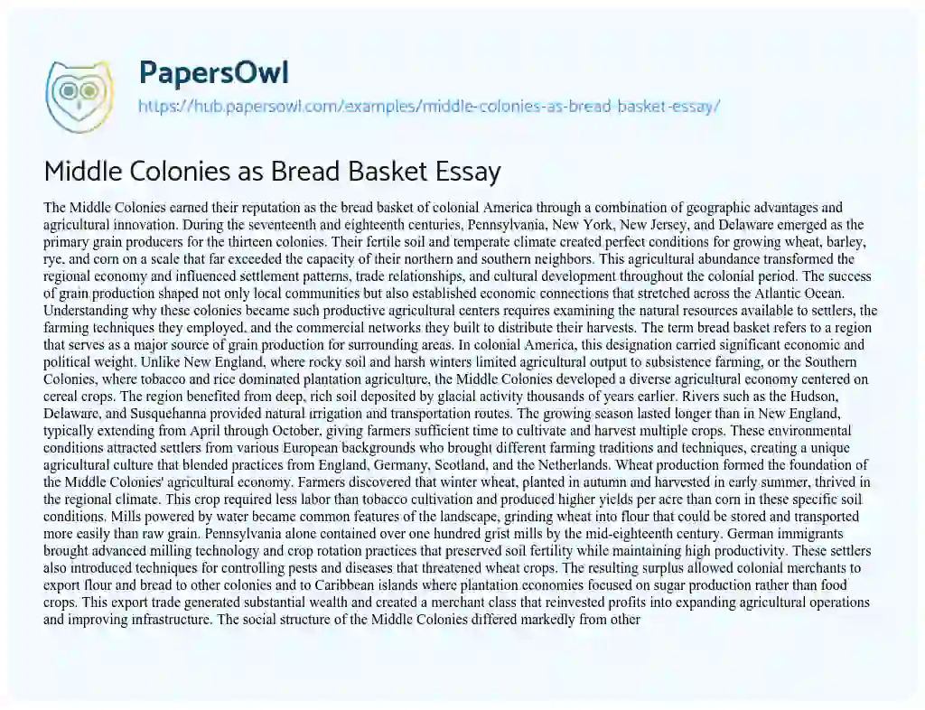Essay on Middle Colonies as Bread Basket Essay