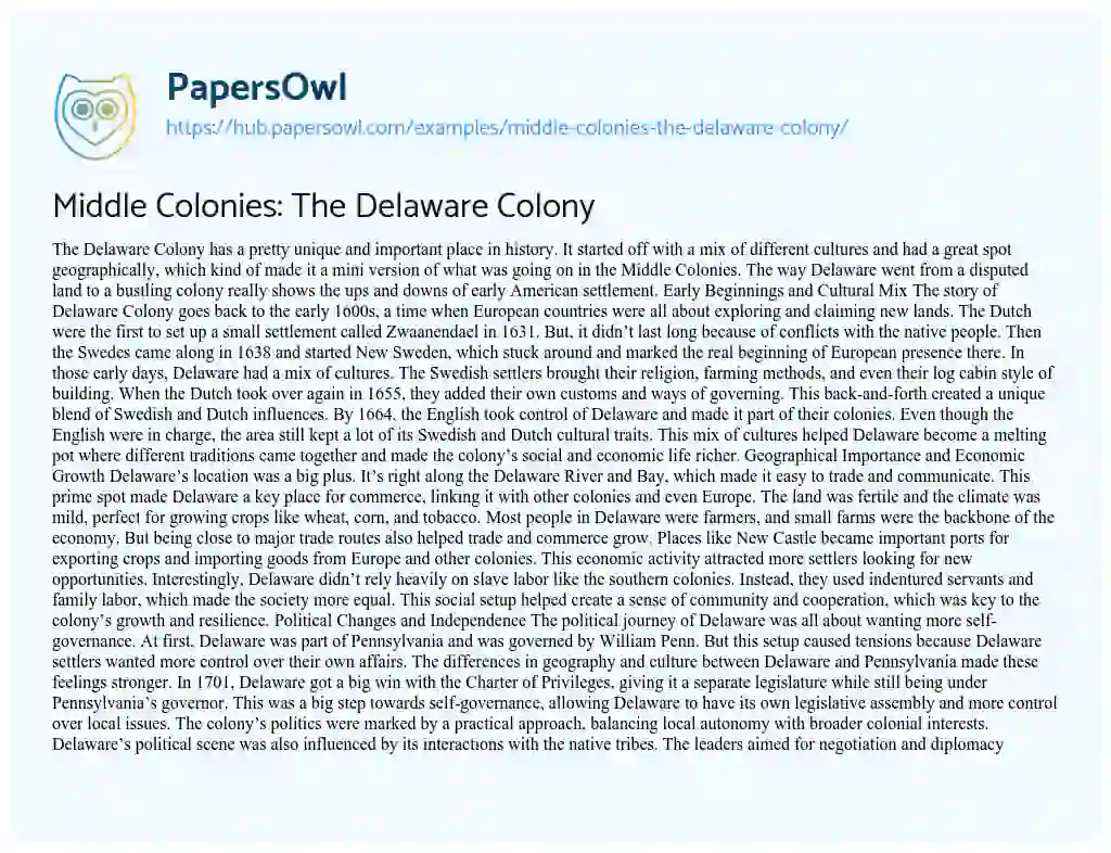 Essay on Middle Colonies: The Delaware Colony