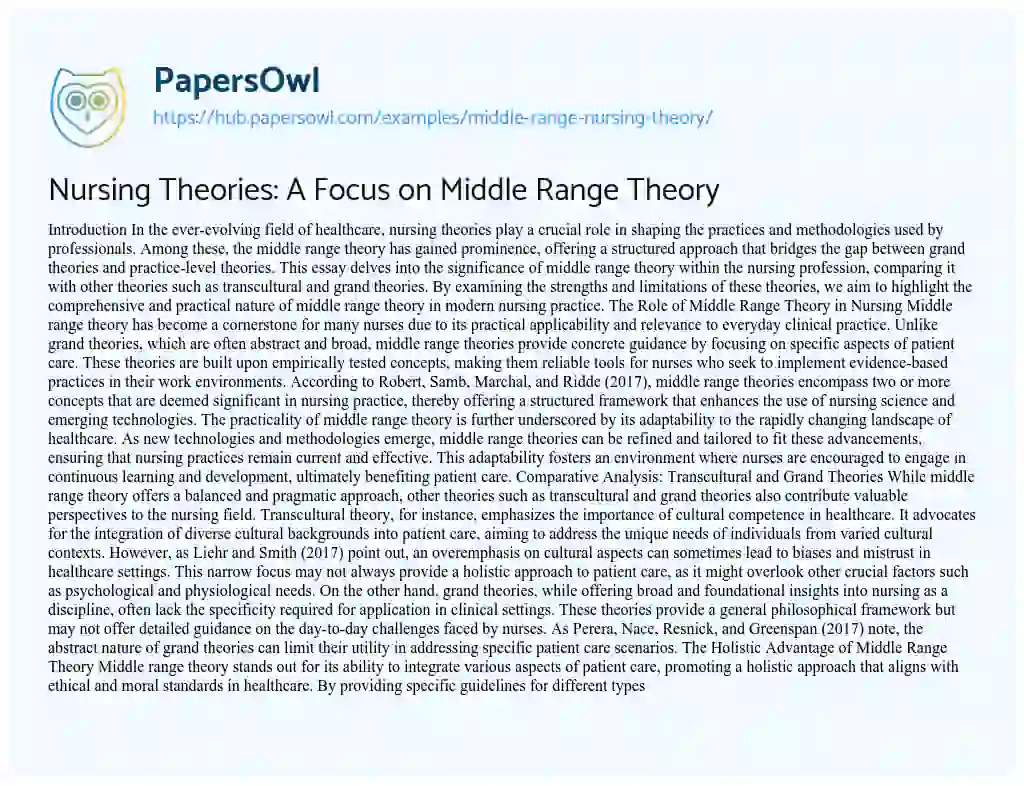 Essay on Nursing Theories: A Focus on Middle Range Theory
