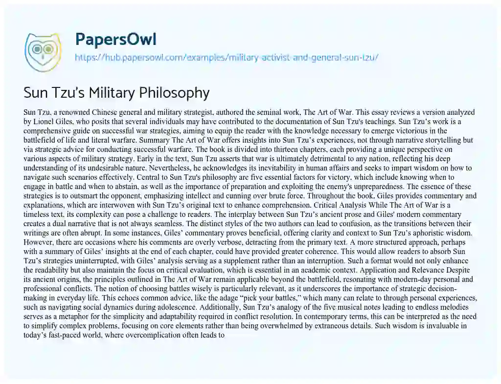 Essay on Sun Tzu’s Military Philosophy