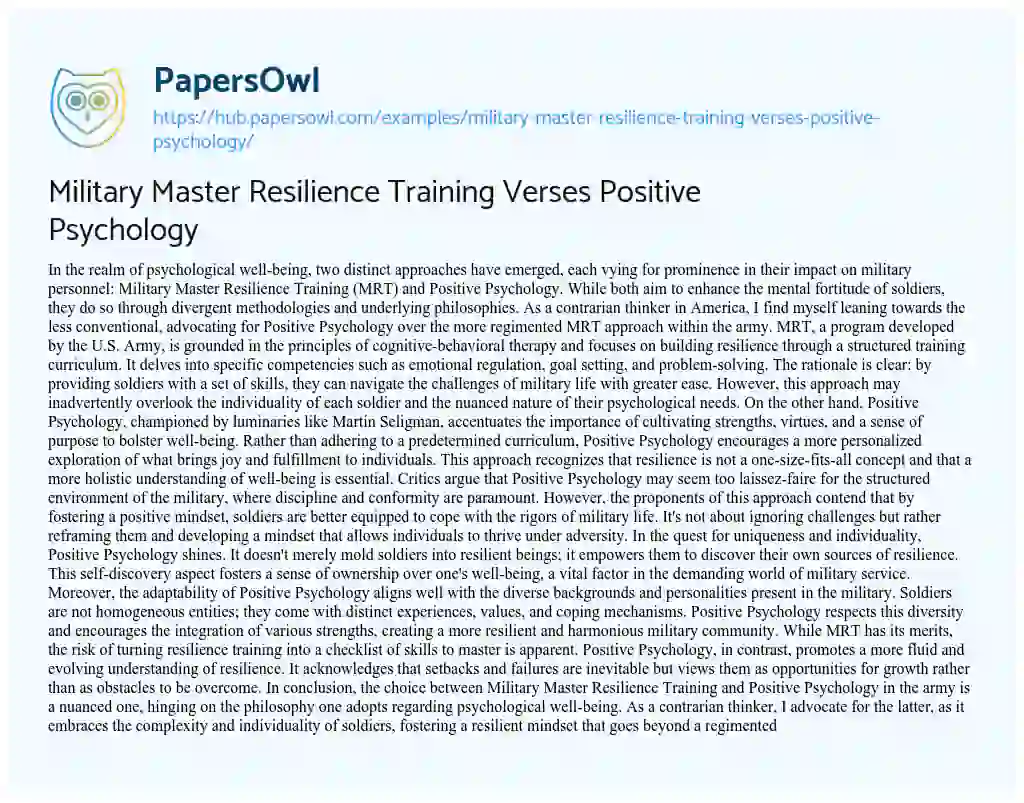 Essay on Military Master Resilience Training Verses Positive Psychology