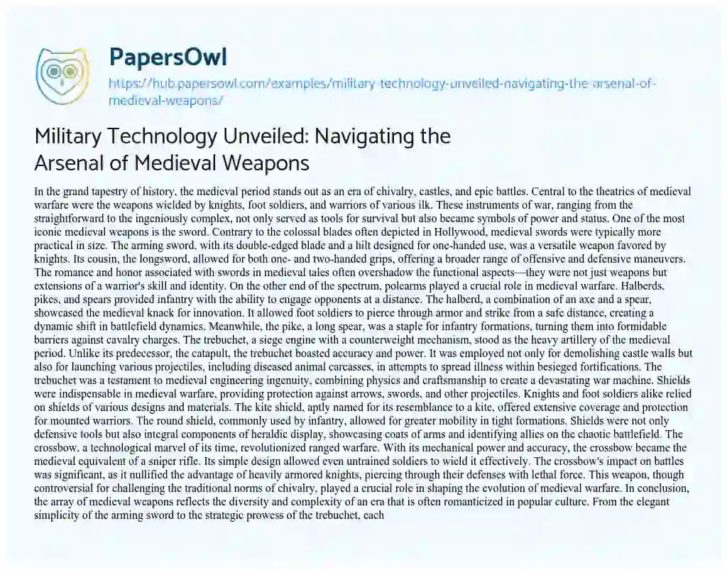 Essay on Military Technology Unveiled: Navigating the Arsenal of Medieval Weapons