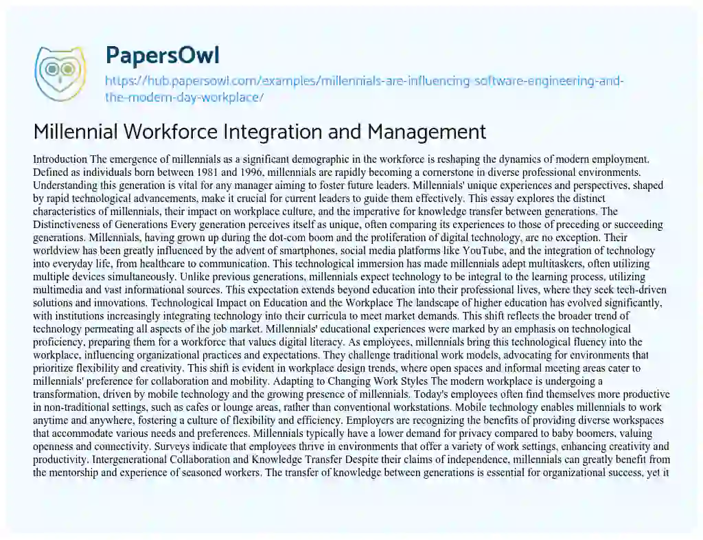 Essay on Millennial Workforce Integration and Management