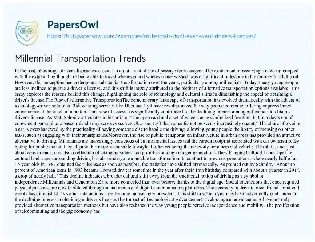 Essay on Millennial Transportation Trends
