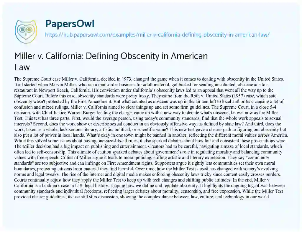 Essay on Miller v. California: Defining Obscenity in American Law
