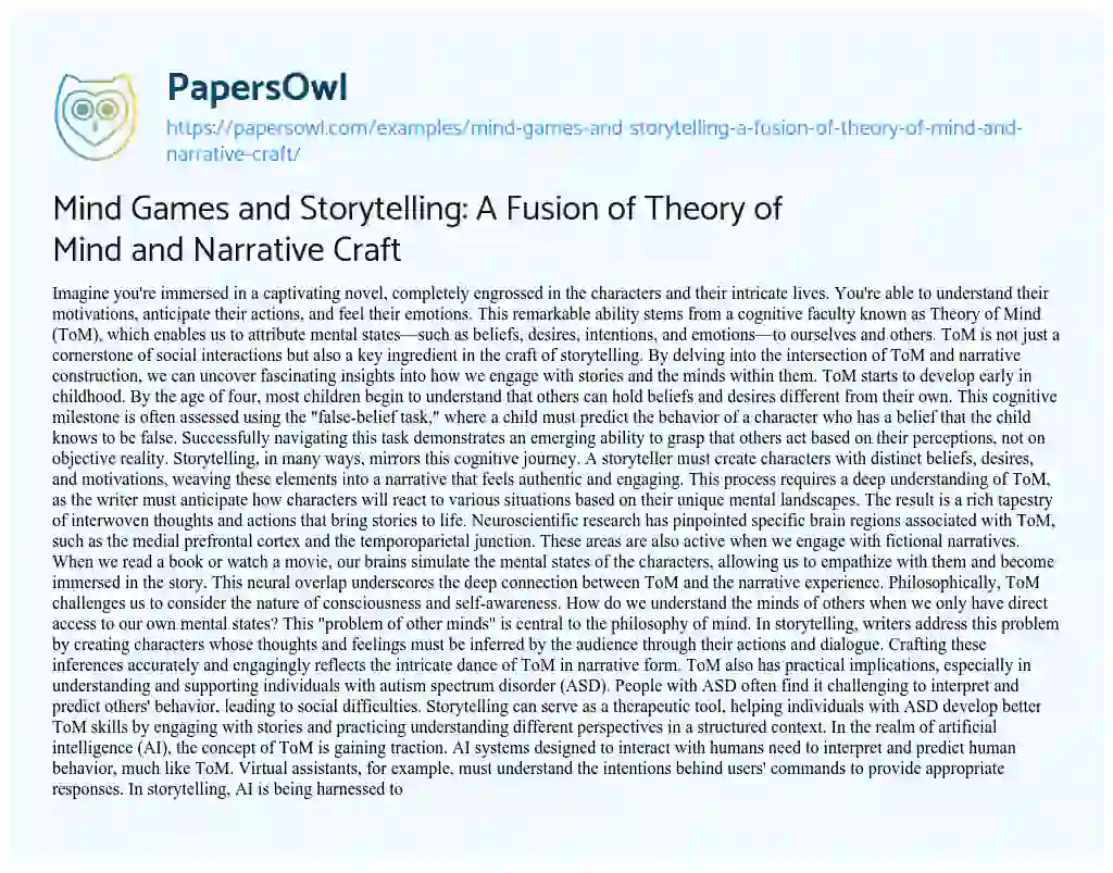 Essay on Mind Games and Storytelling: A Fusion of Theory of Mind and Narrative Craft
