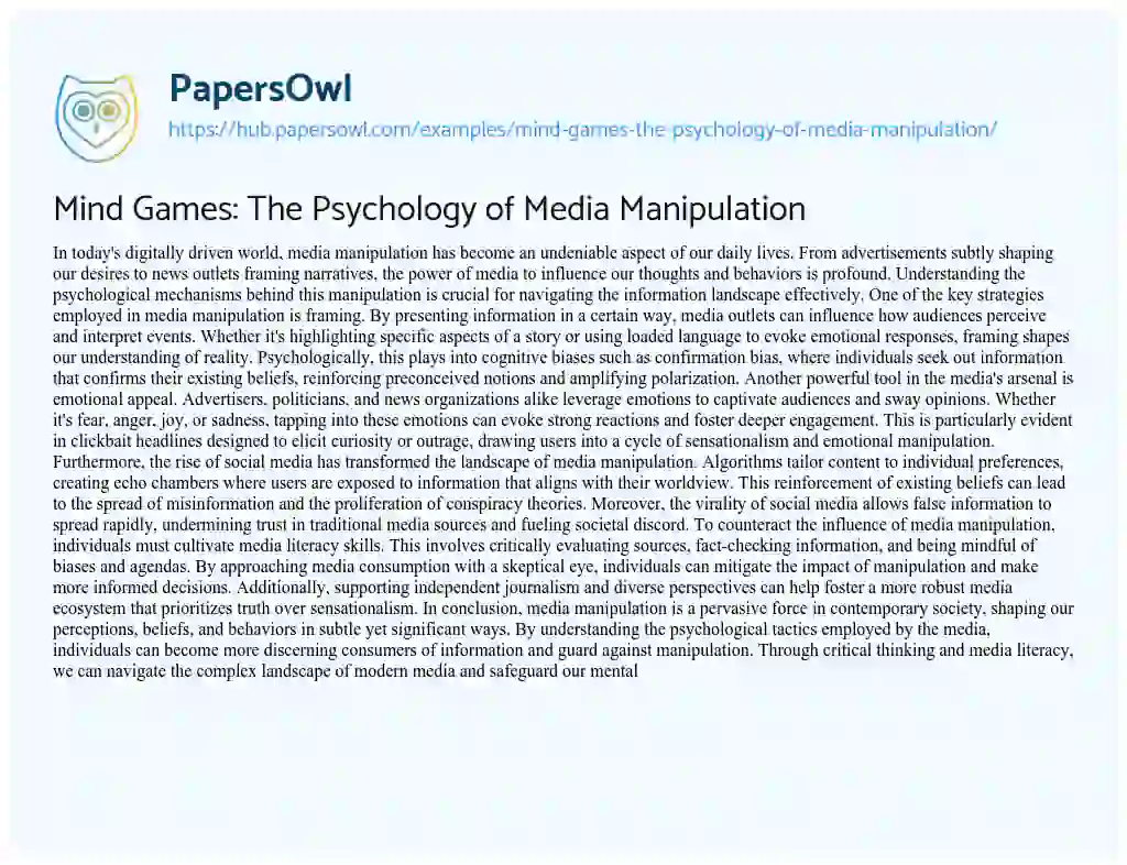 Essay on Mind Games: The Psychology of Media Manipulation