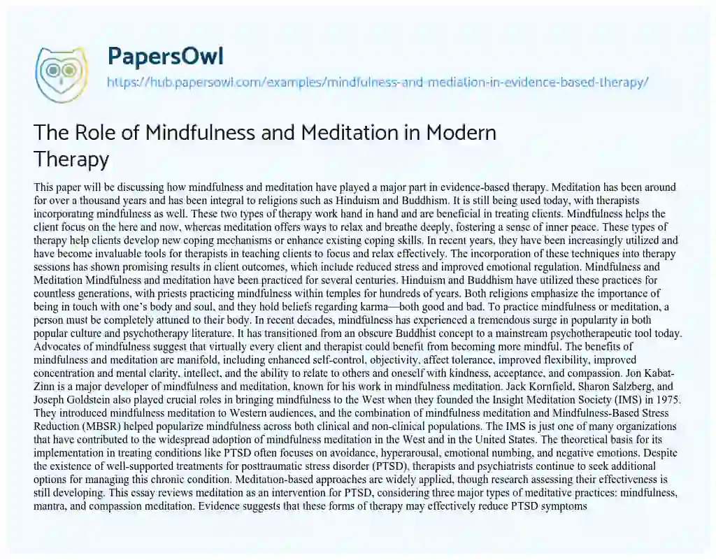 Essay on The Role of Mindfulness and Meditation in Modern Therapy