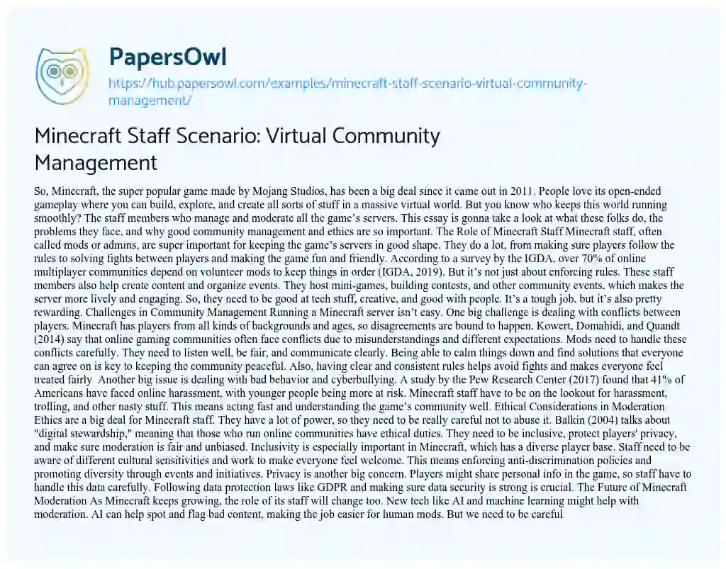Essay on Minecraft Staff Scenario: Virtual Community Management