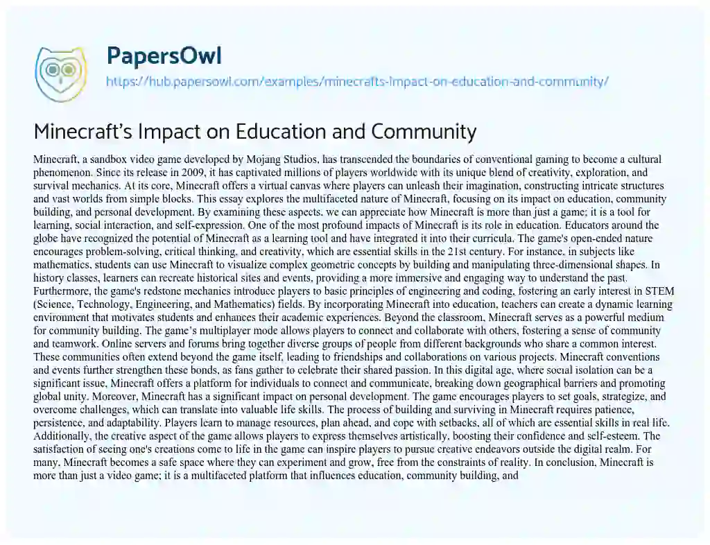 Essay on Minecraft’s Impact on Education and Community