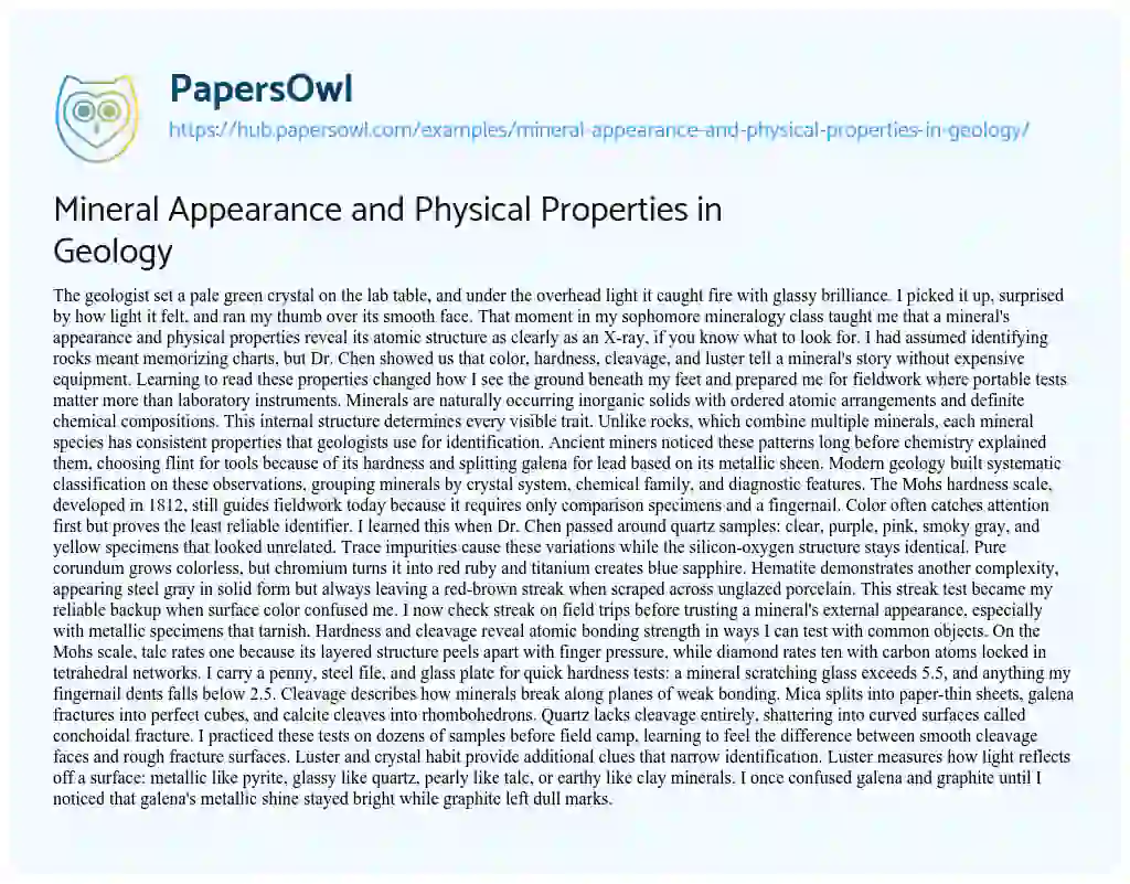 Essay on Mineral Appearance and Physical Properties in Geology