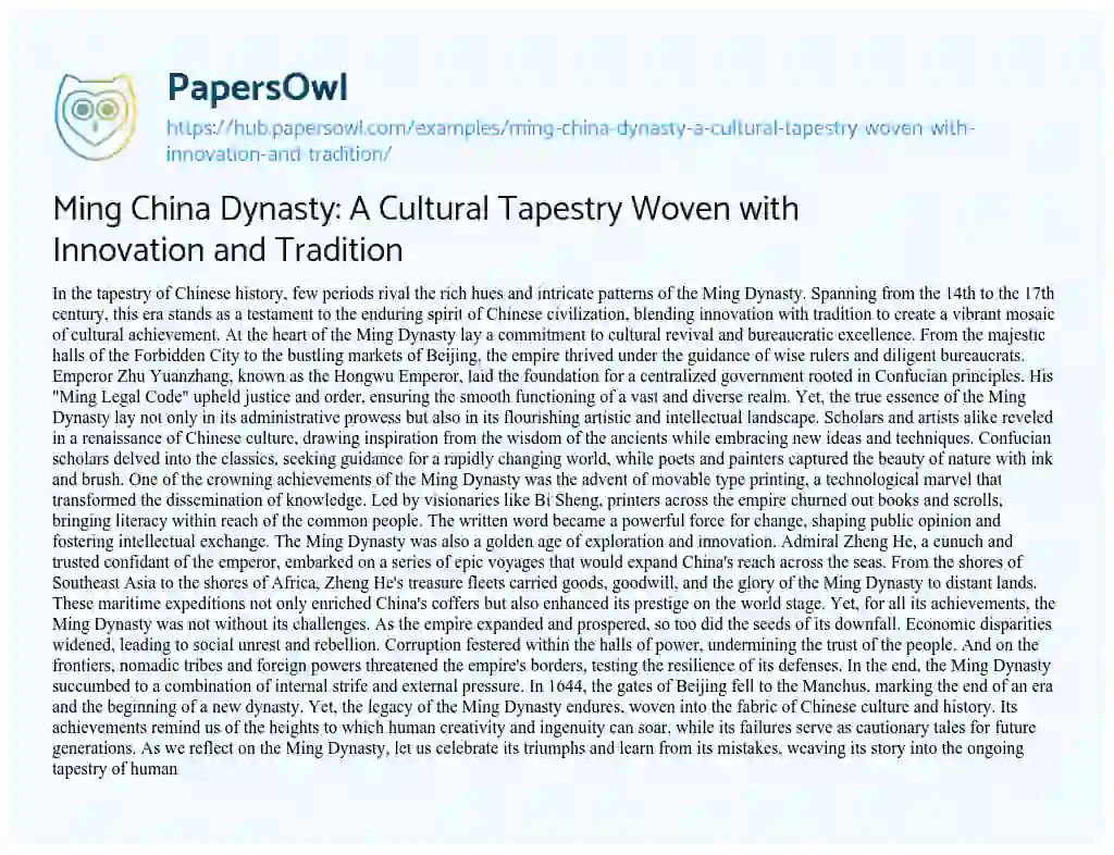 Essay on Ming China Dynasty: A Cultural Tapestry Woven with Innovation and Tradition