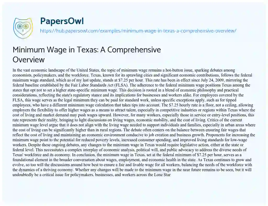 Essay on Minimum Wage in Texas: A Comprehensive Overview