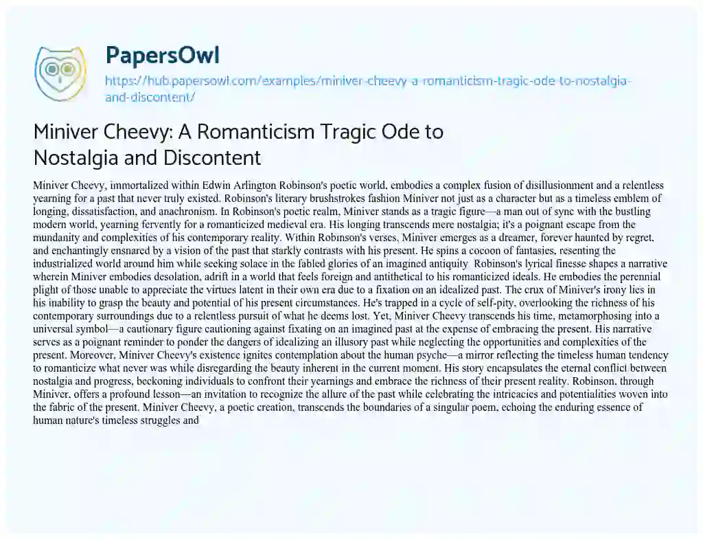 Essay on Miniver Cheevy: A Romanticism Tragic Ode to Nostalgia and Discontent