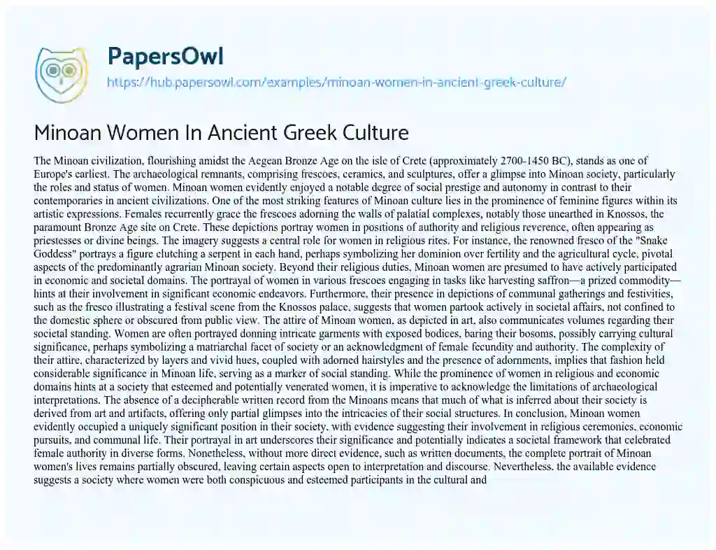 Essay on Minoan Women In Ancient Greek Culture