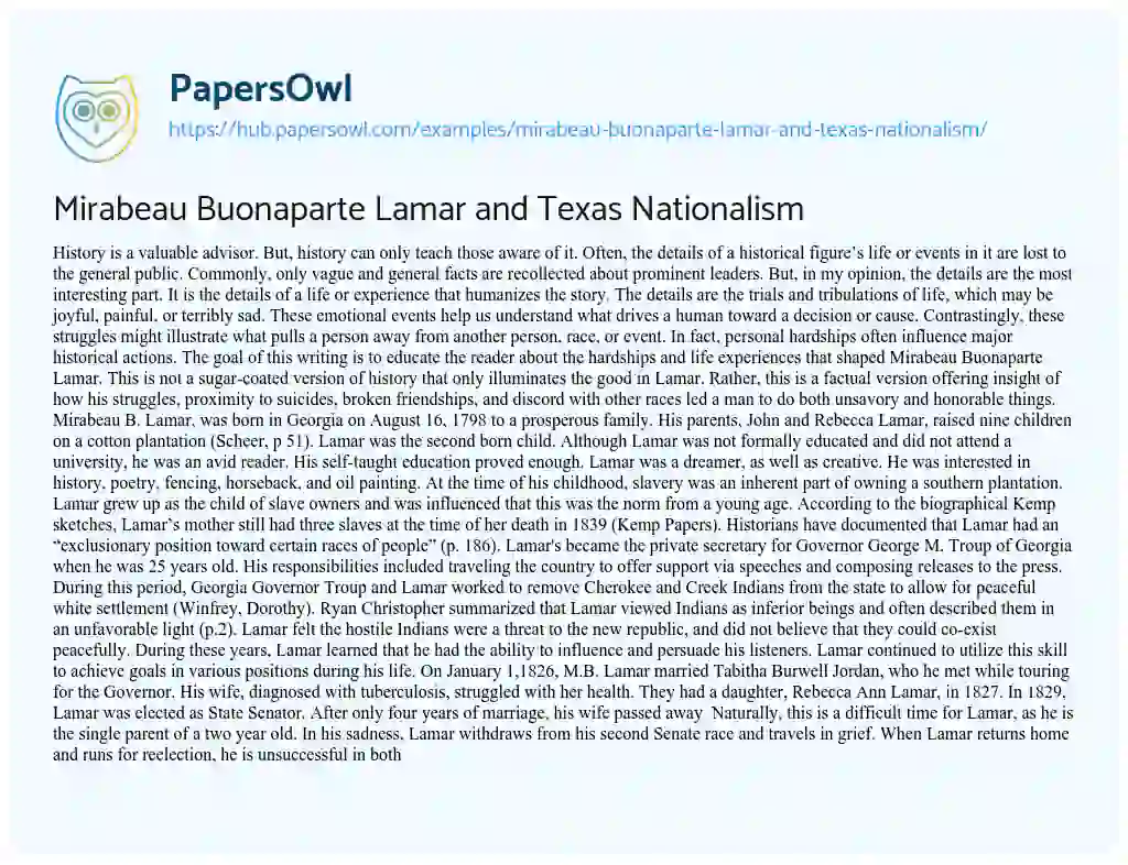 Essay on Mirabeau Buonaparte Lamar and Texas Nationalism