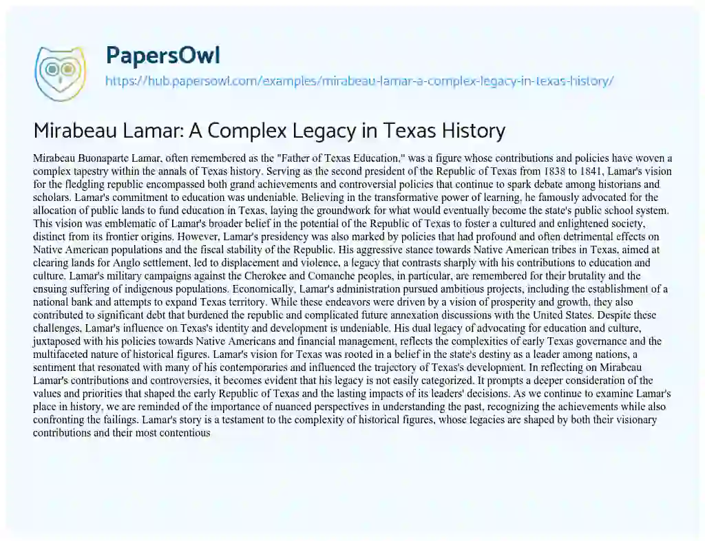 Essay on Mirabeau Lamar: A Complex Legacy in Texas History