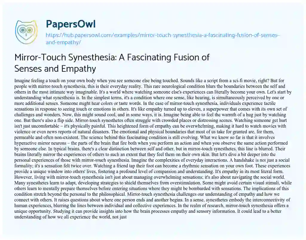 Essay on Mirror-Touch Synesthesia: A Fascinating Fusion of Senses and Empathy
