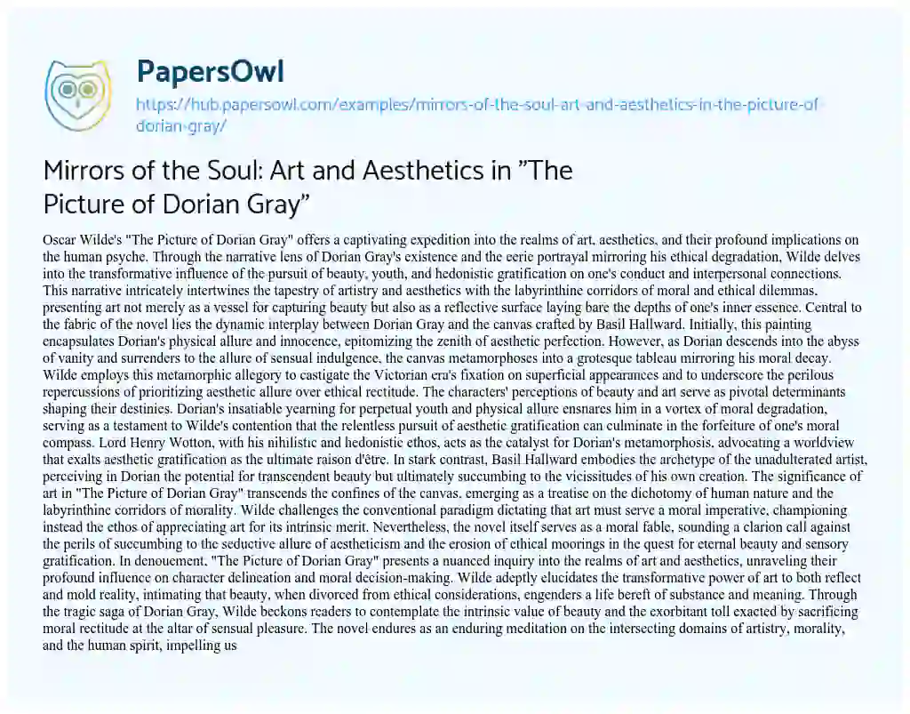 Essay on Mirrors of the Soul: Art and Aesthetics in “The Picture of Dorian Gray”
