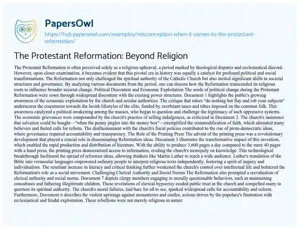 Essay on The Protestant Reformation: Beyond Religion