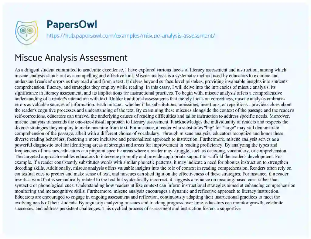 Essay on Miscue Analysis Assessment