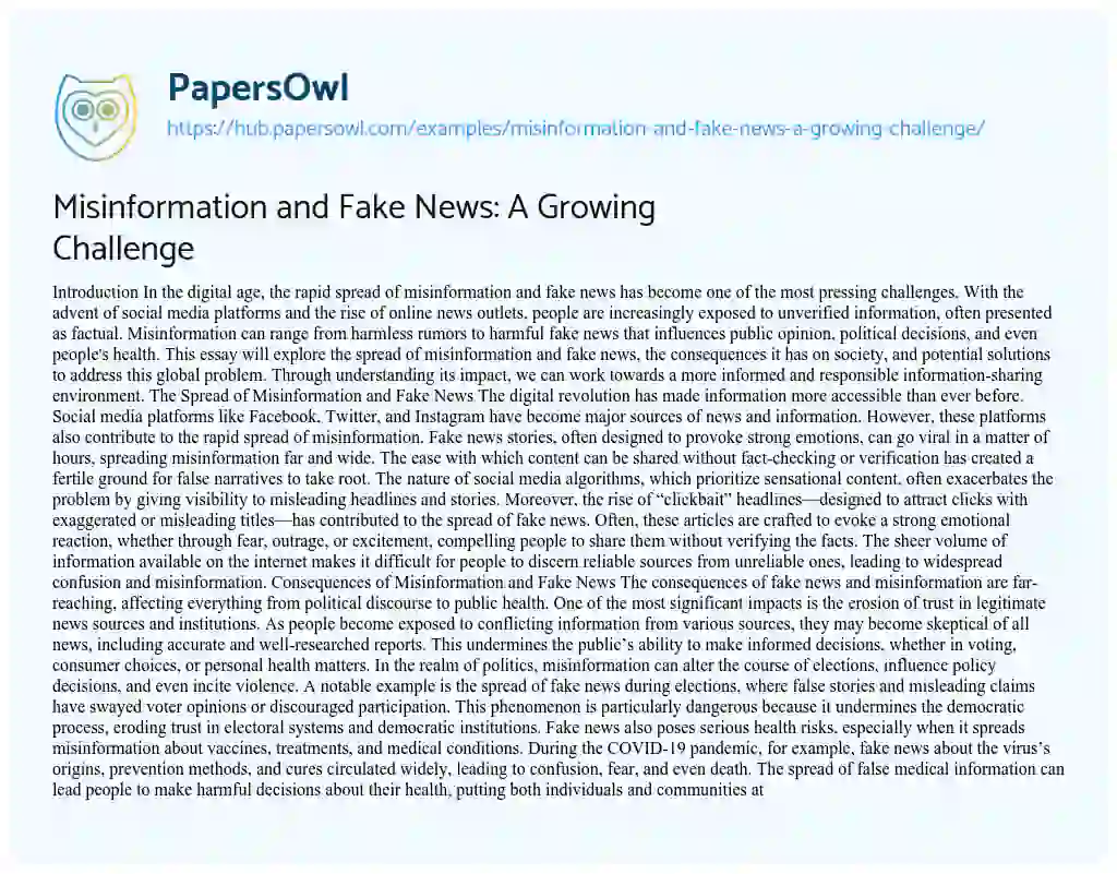 Essay on Misinformation and Fake News: A Growing Challenge