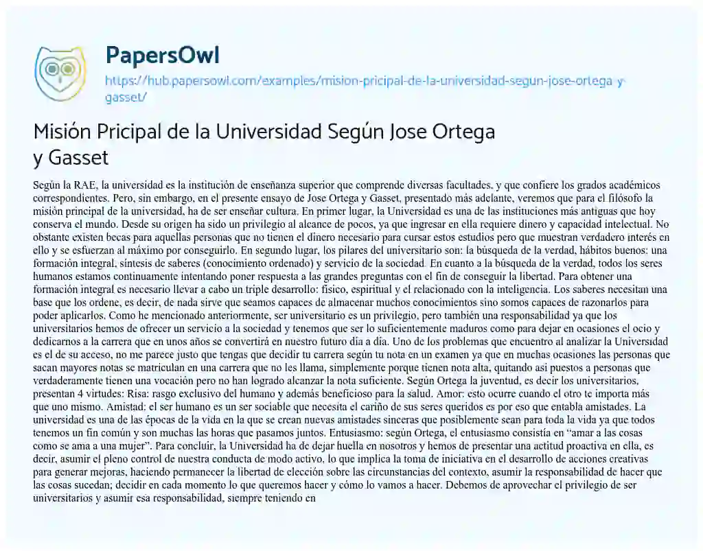 Essay on Misión Pricipal de la Universidad Según Jose Ortega y Gasset
