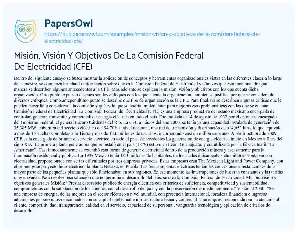 Essay on Misión, Visión Y Objetivos De La Comisión Federal De Electricidad (CFE)
