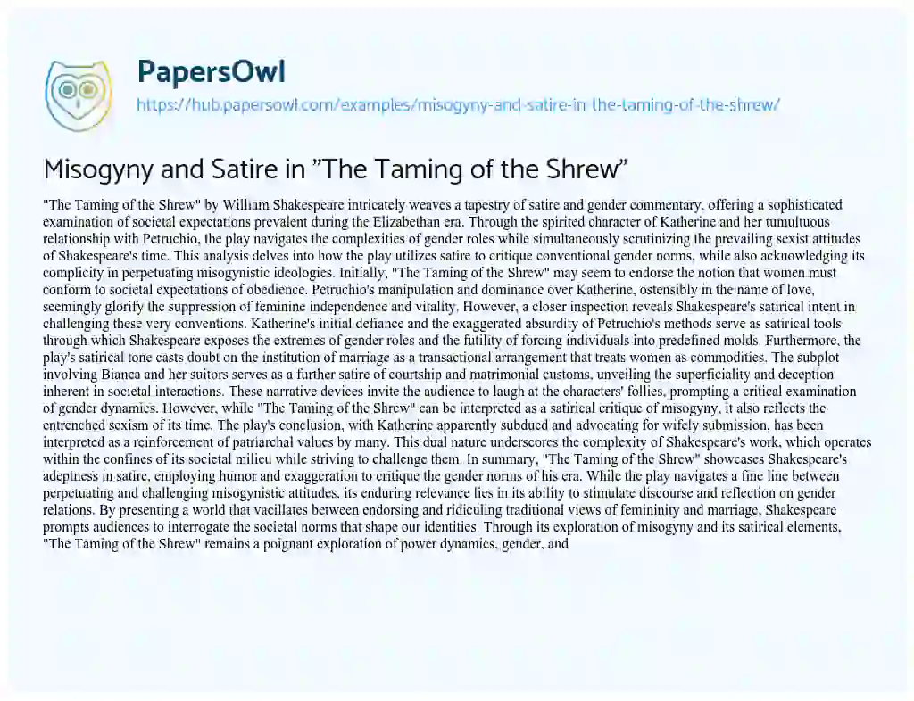 Essay on Misogyny and Satire in “The Taming of the Shrew”