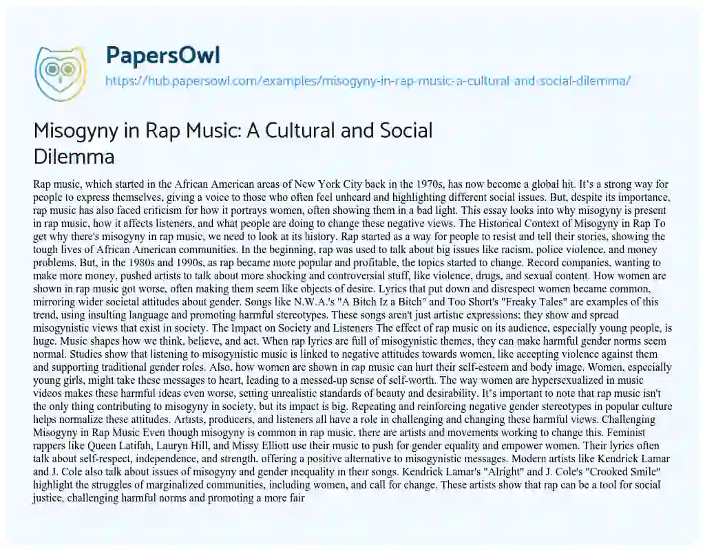 Essay on Misogyny in Rap Music: A Cultural and Social Dilemma