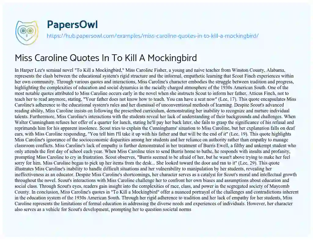 Essay on Miss Caroline Quotes In To Kill A Mockingbird