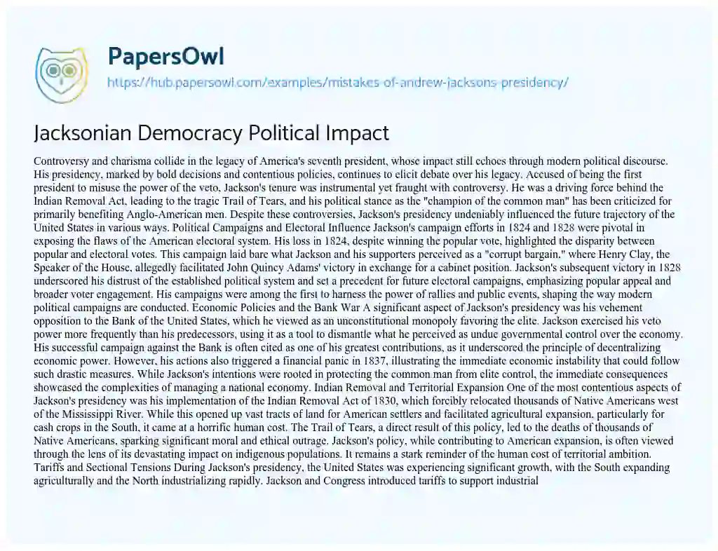Essay on Jacksonian Democracy Political Impact