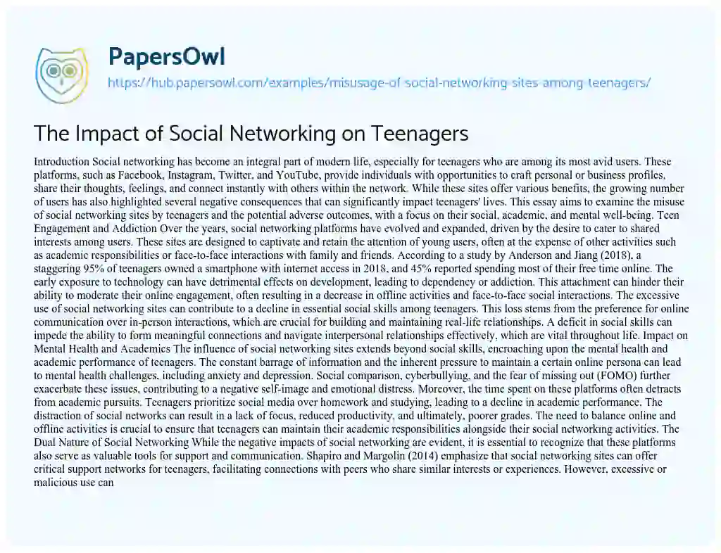 Essay on The Impact of Social Networking on Teenagers