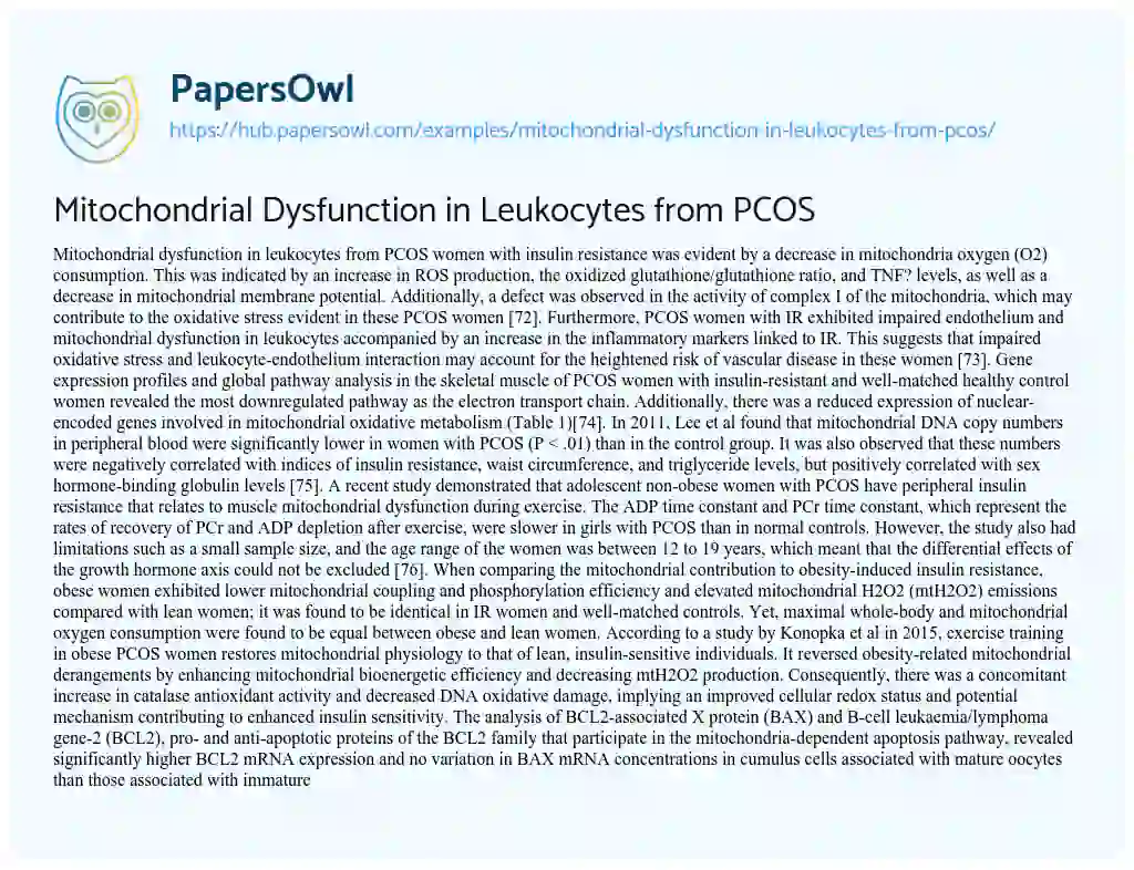 Essay on Mitochondrial Dysfunction in Leukocytes from PCOS