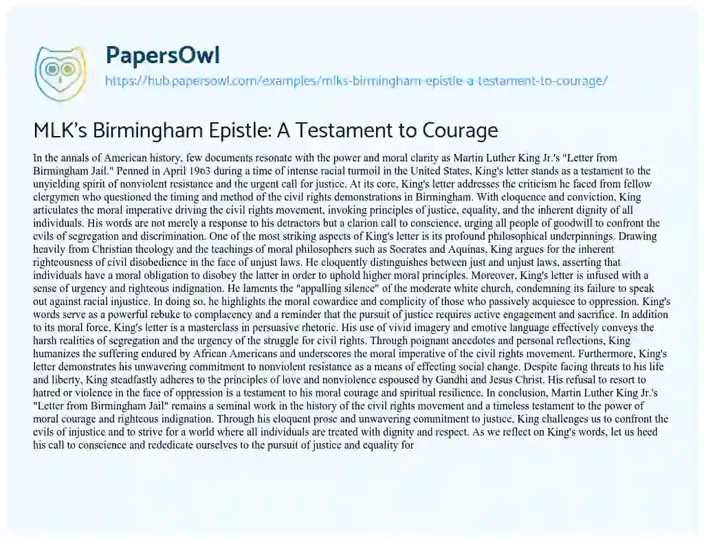 Essay on MLK’s Birmingham Epistle: A Testament to Courage