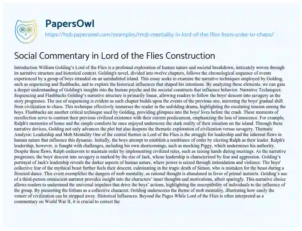 Essay on Social Commentary in Lord of the Flies Construction