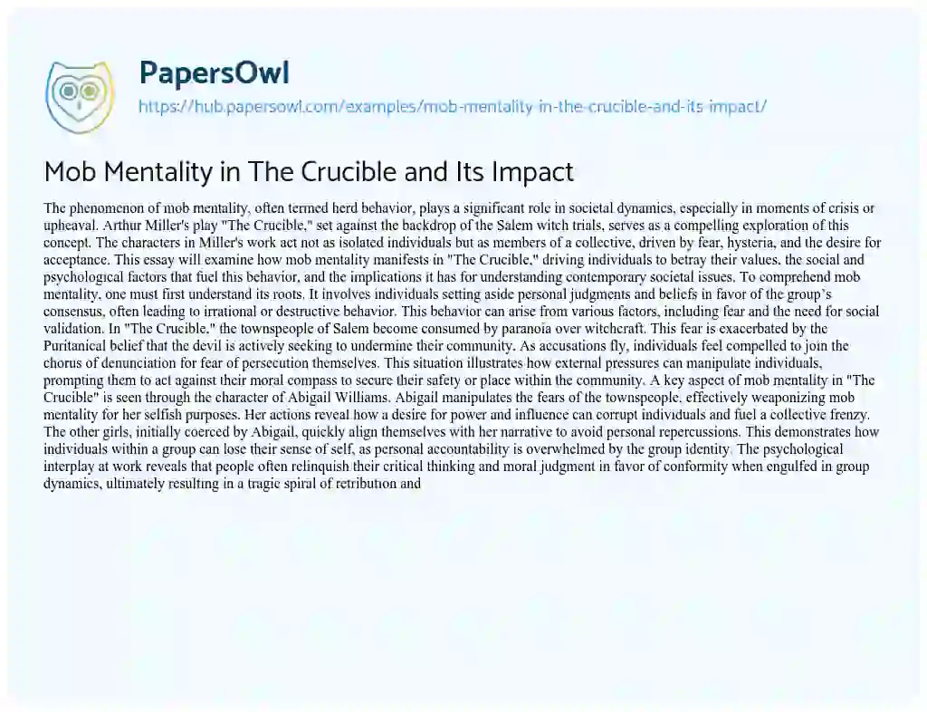 Essay on Mob Mentality in The Crucible and Its Impact