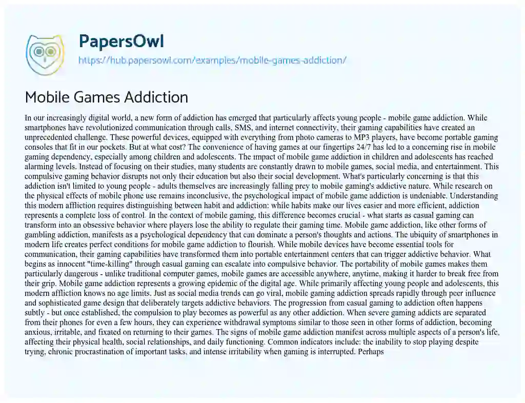 Essay on Mobile Games Addiction