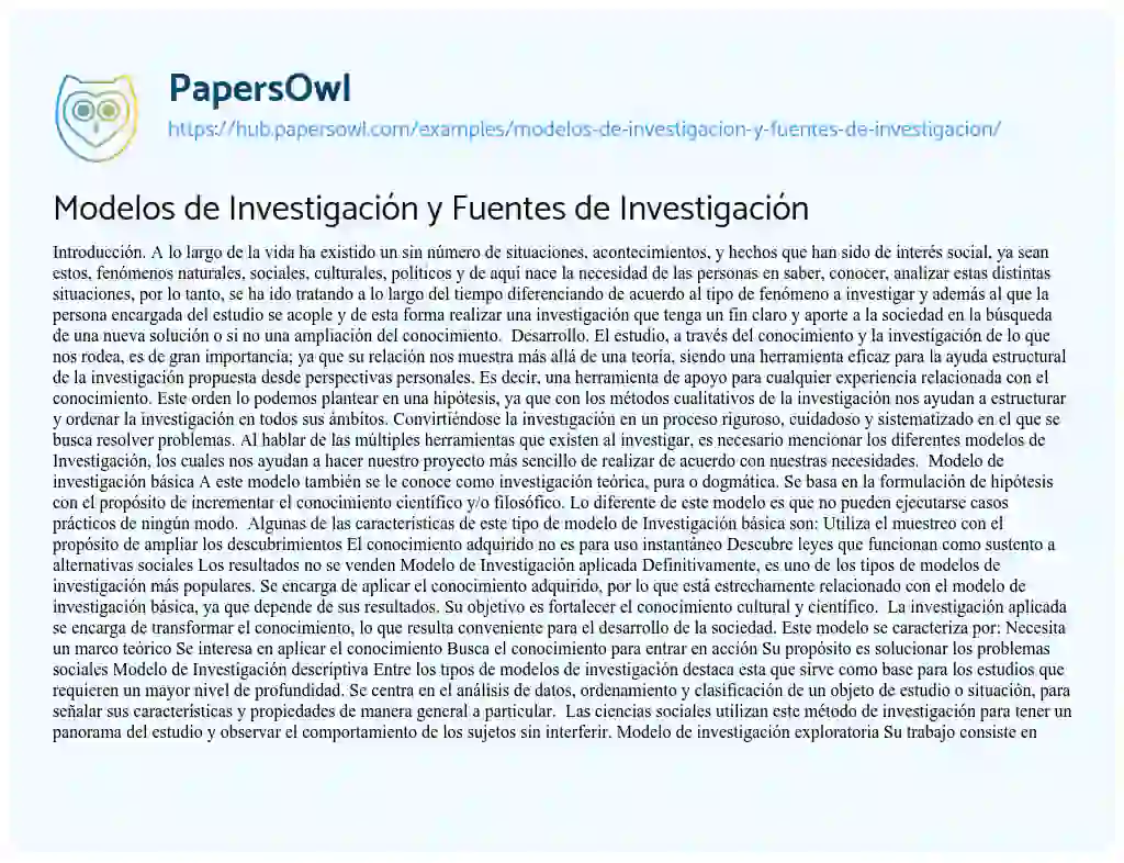 Essay on Modelos de Investigación y Fuentes de Investigación