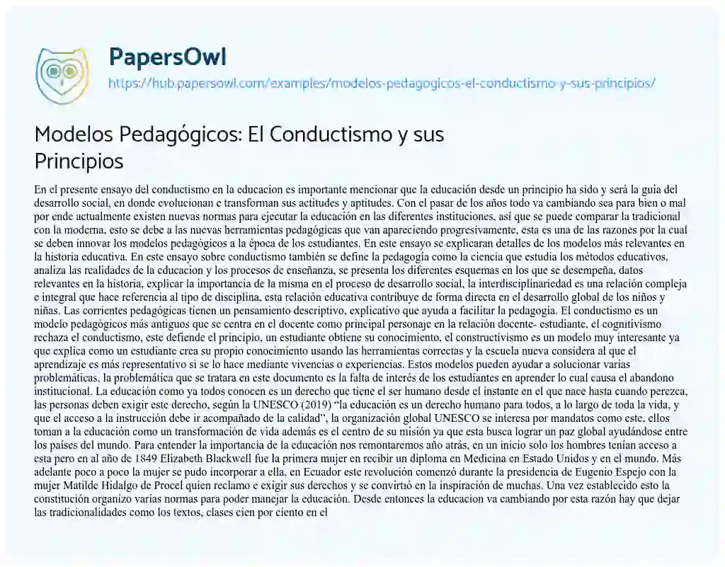Essay on Modelos Pedagógicos: El Conductismo y sus Principios