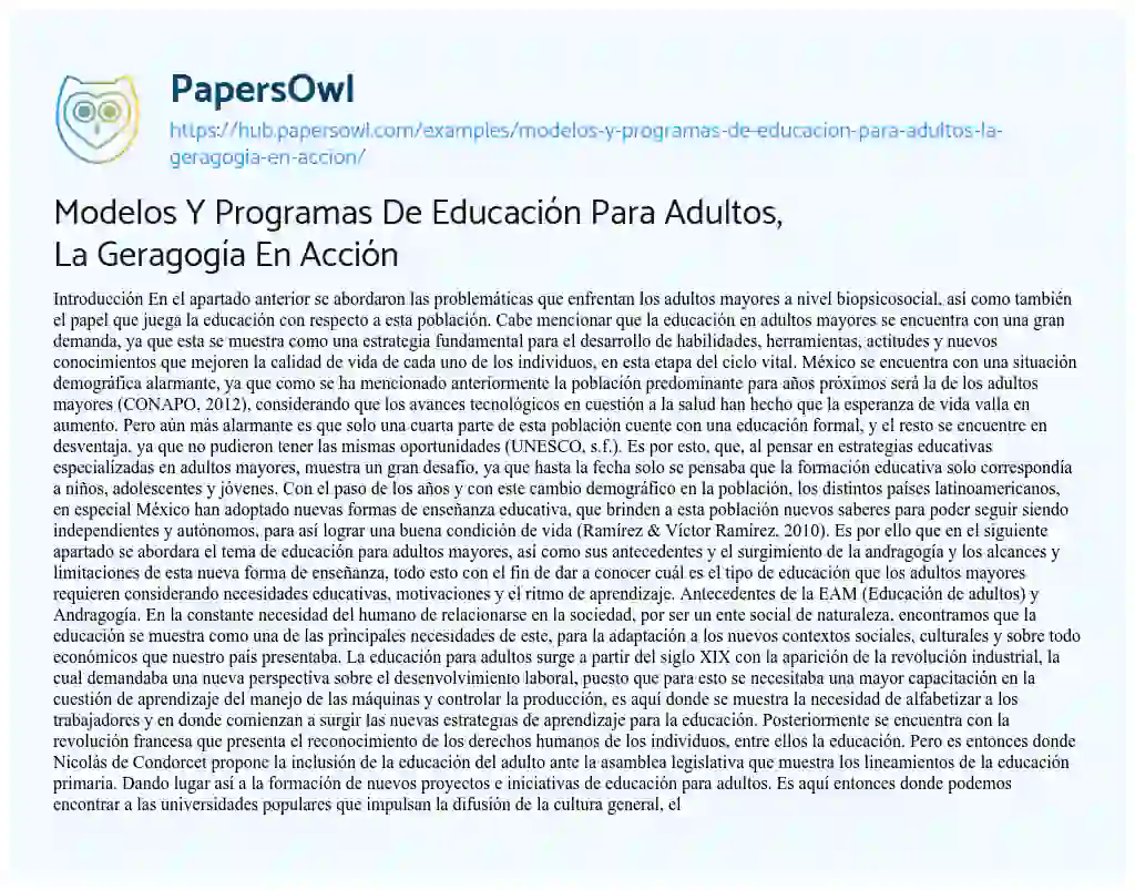 Essay on Modelos Y Programas De Educación Para Adultos, La Geragogía En Acción