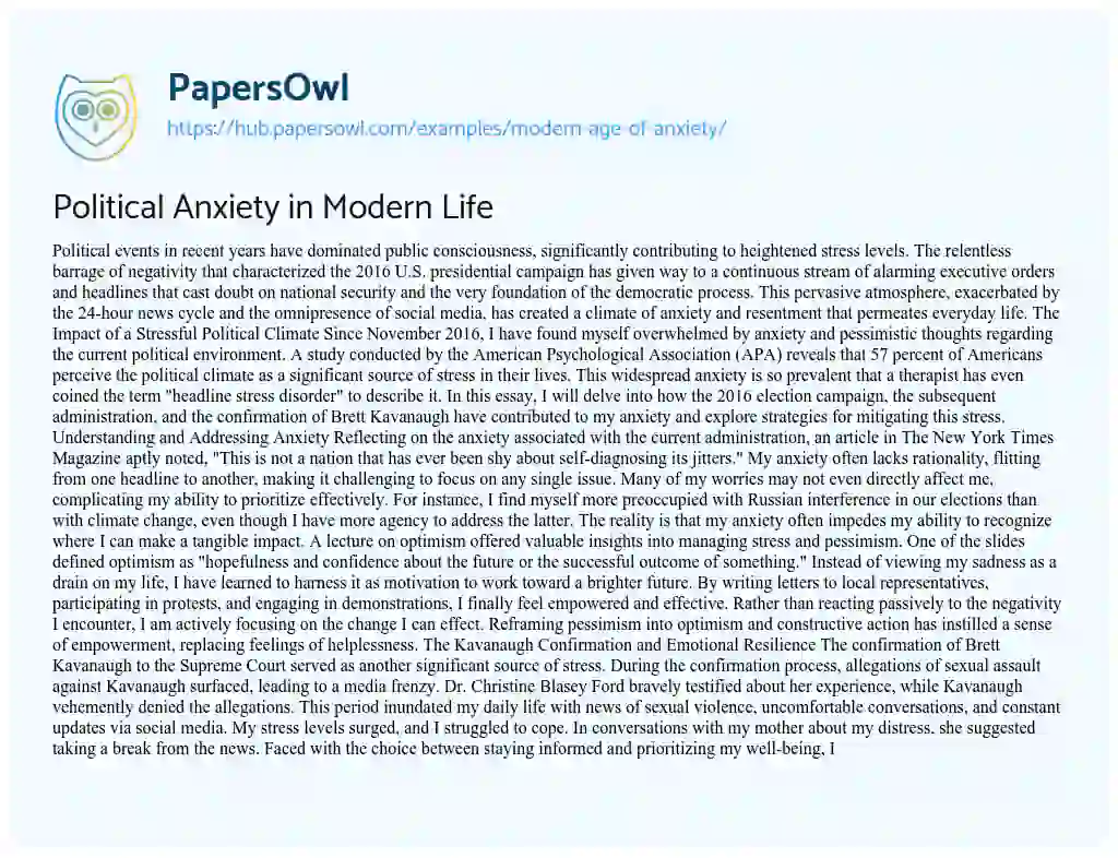 Essay on Political Anxiety in Modern Life